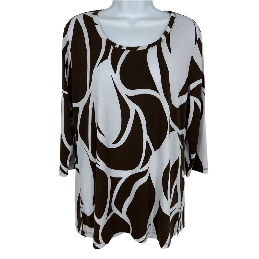 Susan Graver Brown & White Printed Liquid Knit 3/4 Sleeve Tunic Women's Size S